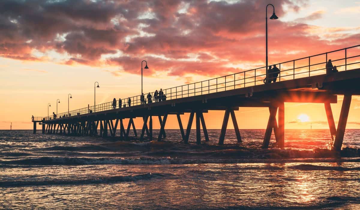Glenelg Beach jetty at sunset in Adelaide, South Australia
