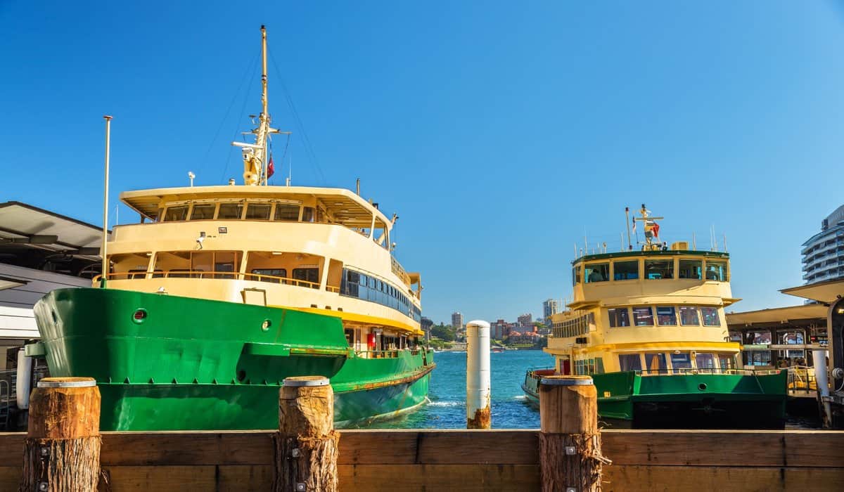 Sydney Harbour ferries docked at Circular Quay on a clear day