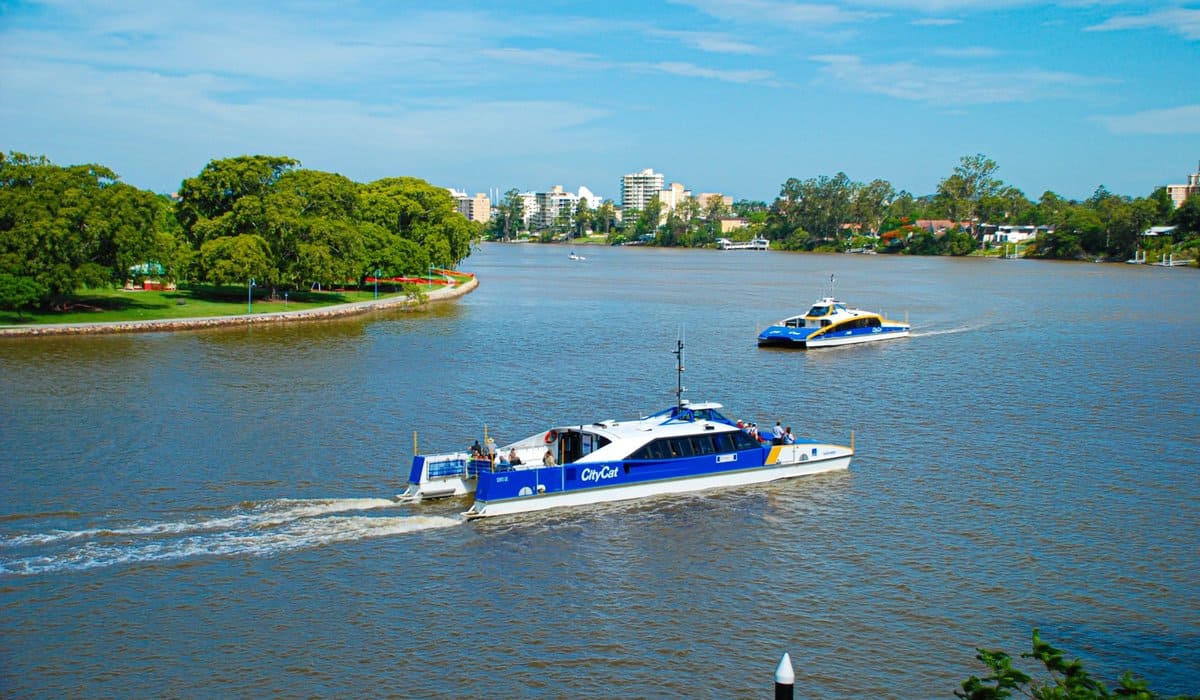 Brisbane CityCat ferry travelling along the Brisbane River on a sunny day