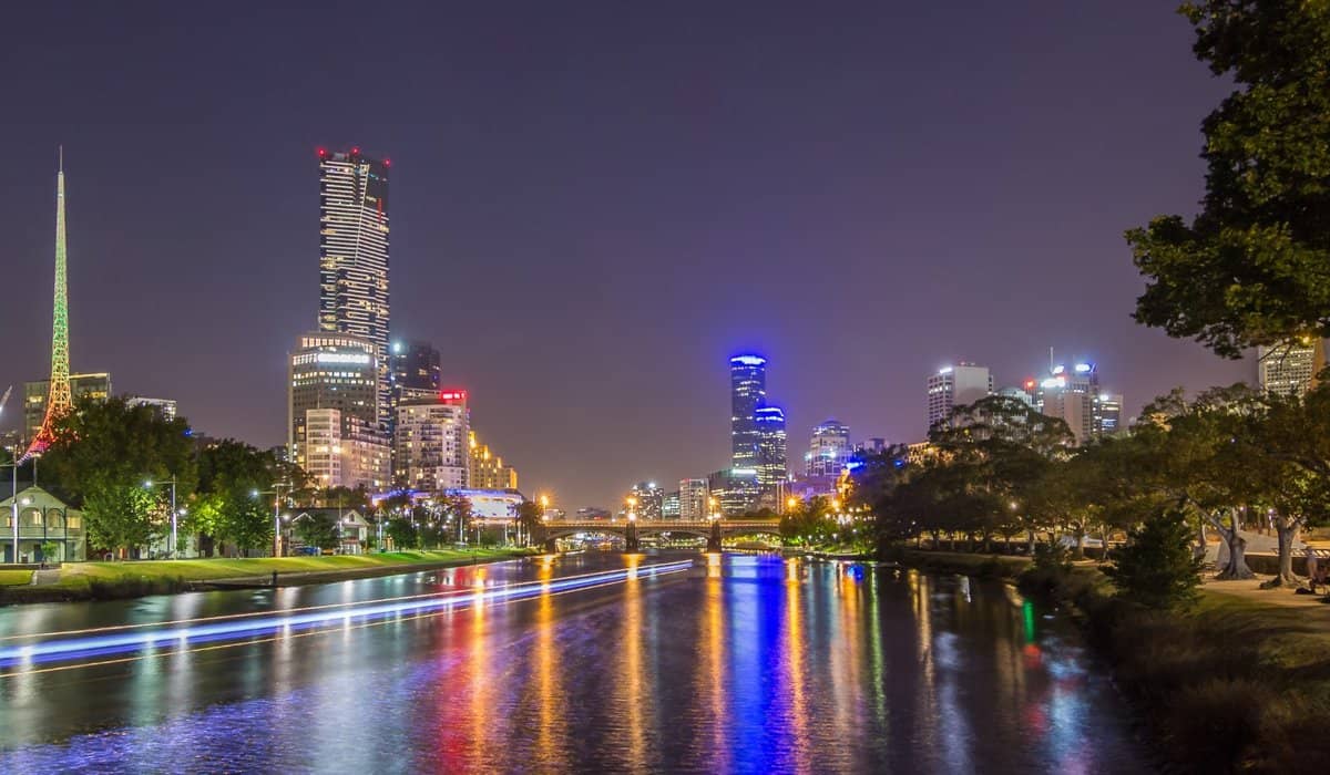 Melbourne skyline at night reflected on the Yarra River