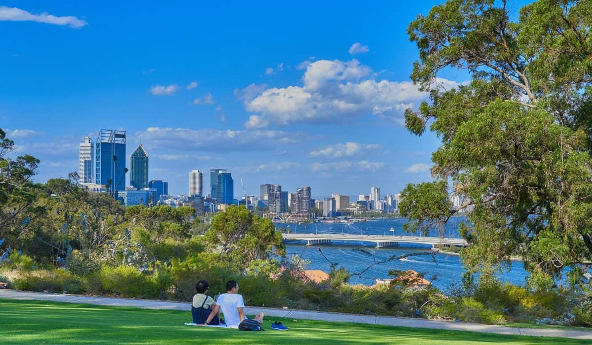 Kings Park lookout with Perth city skyline and Swan River