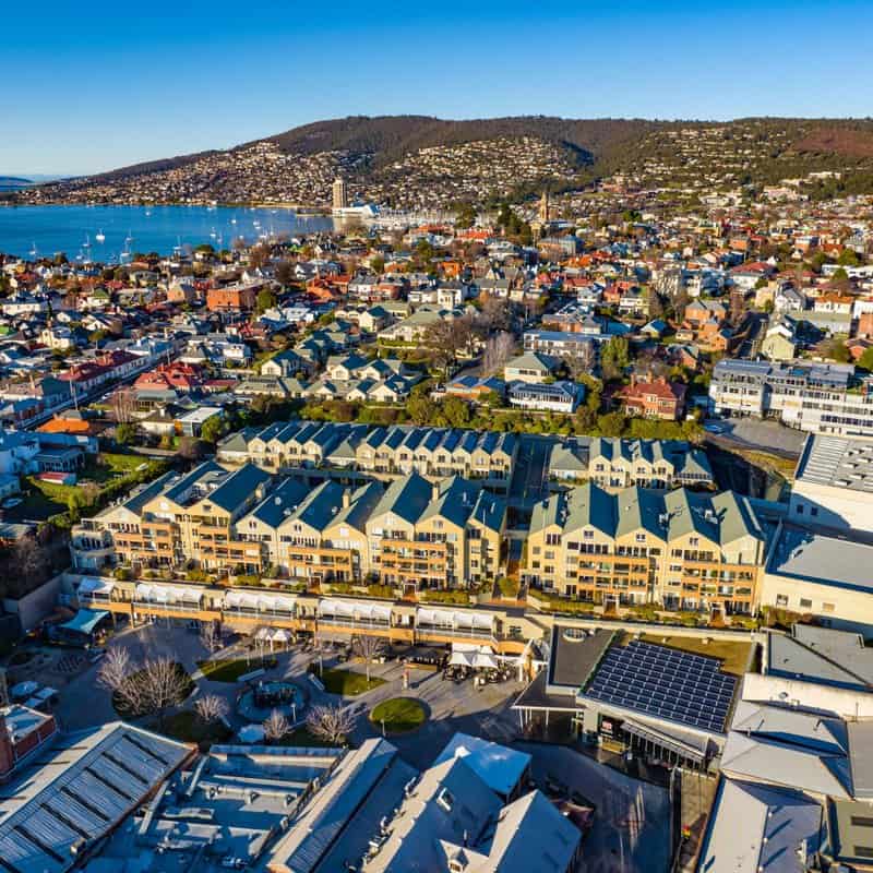 Aerial view of Salamanca Place and Battery Point in Hobart, Tasmania