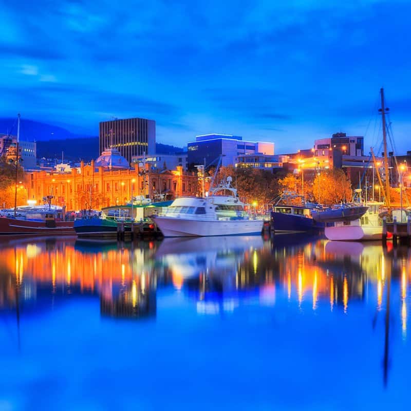 Boats moored at Sullivans Cove on Hobart’s waterfront, Tasmania